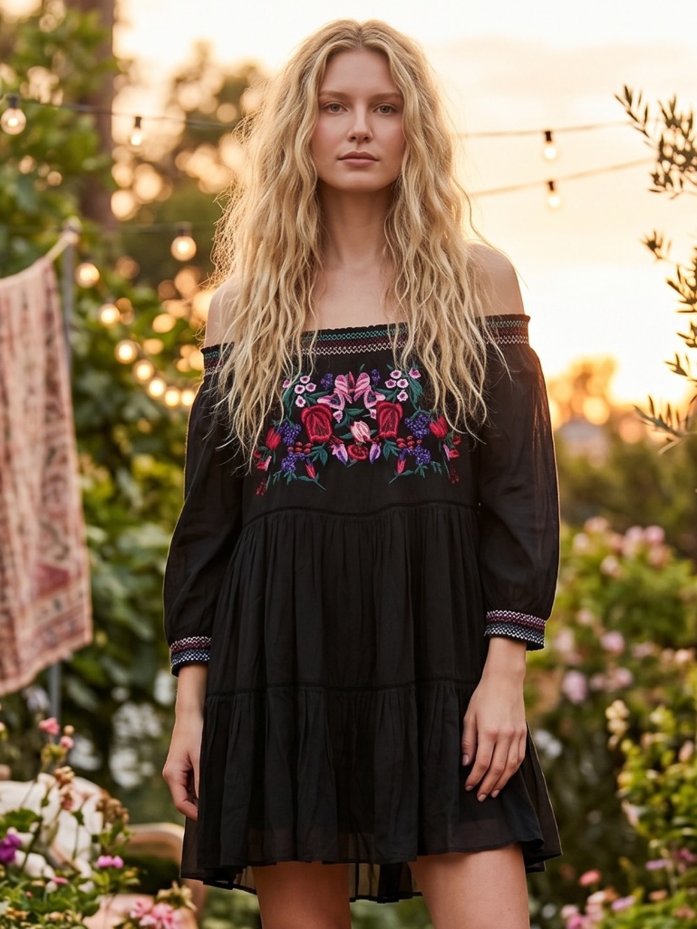 Free People Sunbeams Embroidered Dress in Black Small Off Shoulders Bohemian